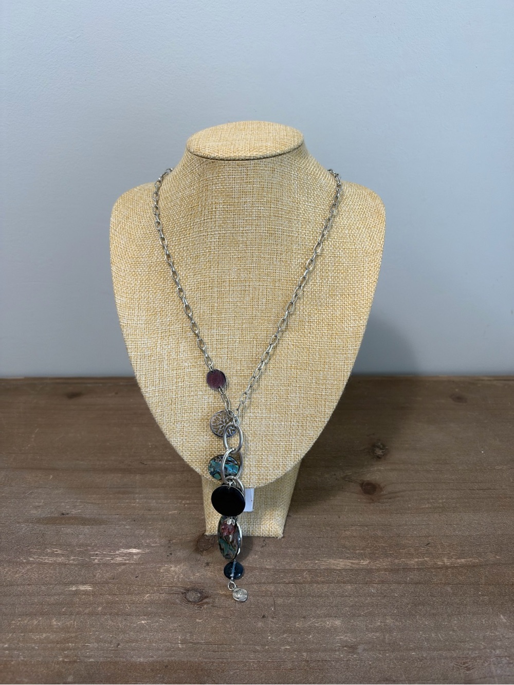 Lia Sophia Silver Tone Long Mixed Bead Disc Pendant Necklace